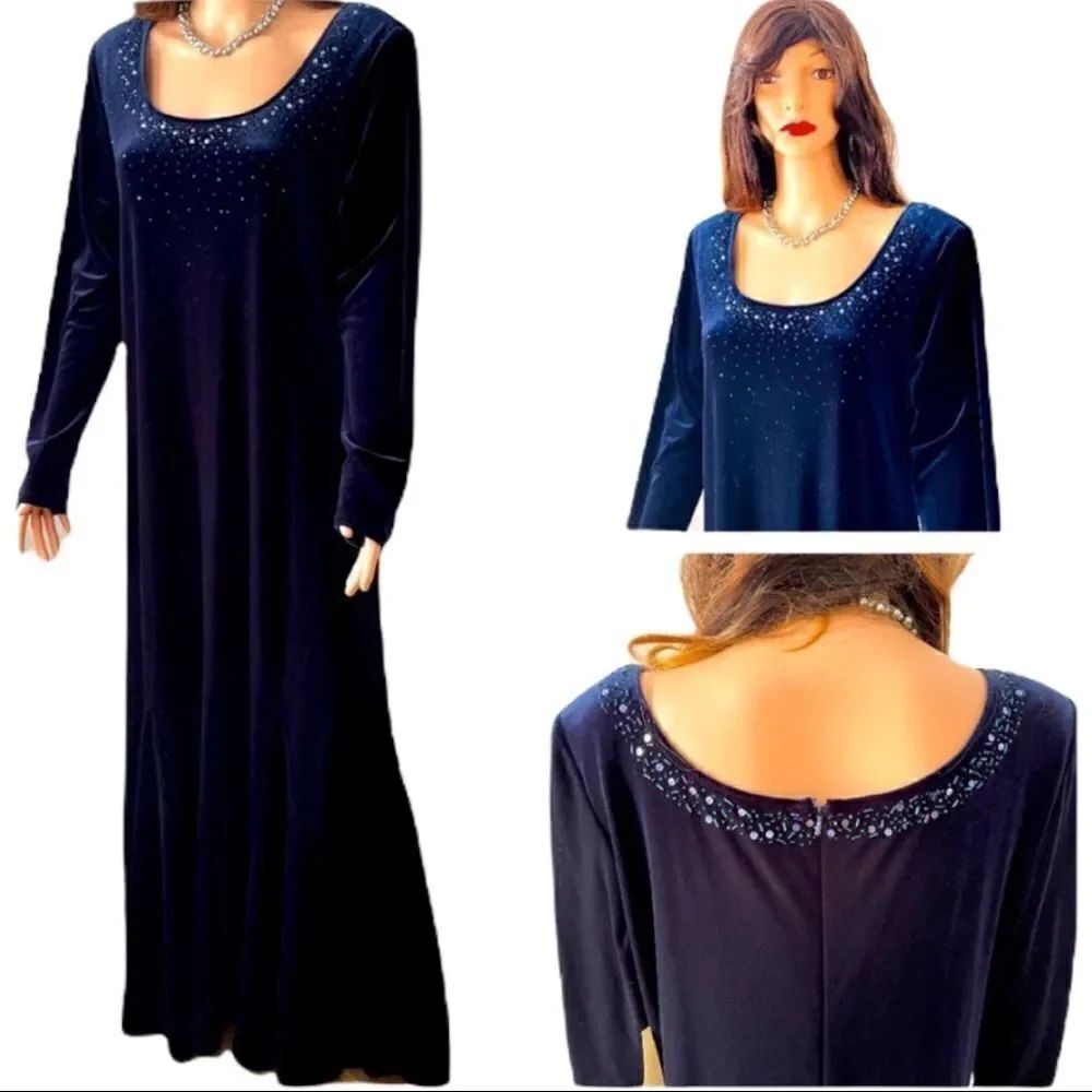 J.R. Nites Navy Velvet Sequined Gown Size 14W NWT